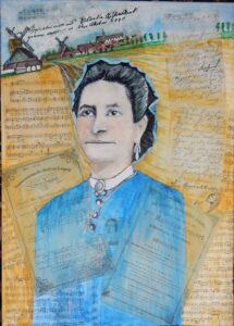 Ein Portrait in Acryl von Sara Oppenheimer, mit gelbem Hintergrund und Spielheften der Oper sowie die Silhouette der Stadt Esens im Hintergrund.