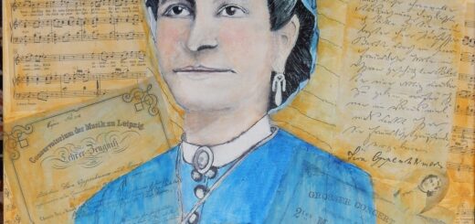 Ein Portrait in Acryl von Sara Oppenheimer, mit gelbem Hintergrund und Spielheften der Oper sowie die Silhouette der Stadt Esens im Hintergrund.